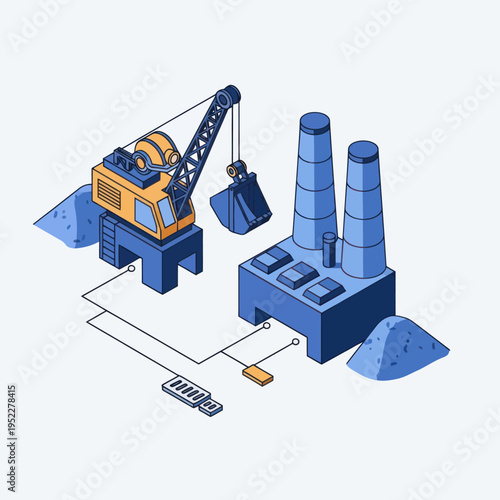 Isometric illustration of an industrial complex featuring a crane, factory, and piles of raw materials, symbolizing production and manufacturing processes.