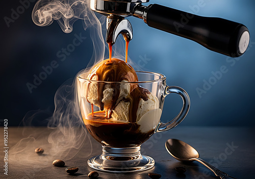 Affogato: Hot Espresso Poured Over Scoop of Vanilla Ice Cream in Glass. Coffee and Dessert Pairing