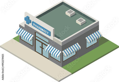 Isometric pharmacy building illustration, modern medical store exterior with striped awnings cross signage and rooftop vents, healthcare retail 3D render