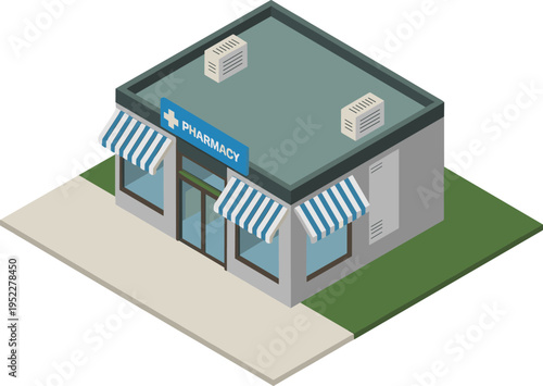 Isometric pharmacy building illustration, modern medical store exterior with striped awnings signage and rooftop units, healthcare retail architecture 3D render