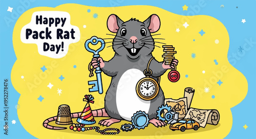 Cheerful cartoon mouse celebrating happy pack rat day with various treasures and trinkets