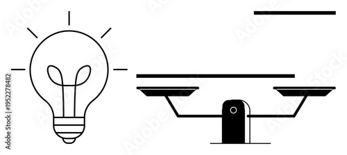 Innovation, decision-making, creativity, balance, ideas, problem-solving. Light bulb and scale symbols in abstract composition. Innovation and decision-making concepts