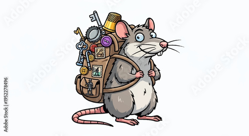 Cartoon mouse with backpack full of tools and supplies standing on white background looking adventurous and prepared for travel