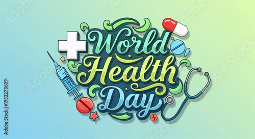 World health day medical illustration with syringe pills and stethoscope on gradient background