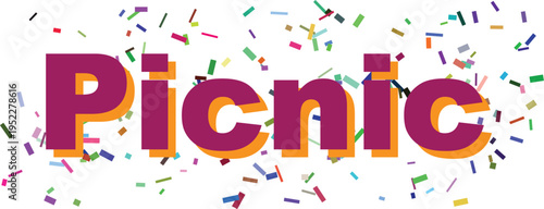 The word Picnic in bold purple and orange letters is surrounded by a lively scattering of colorful confetti