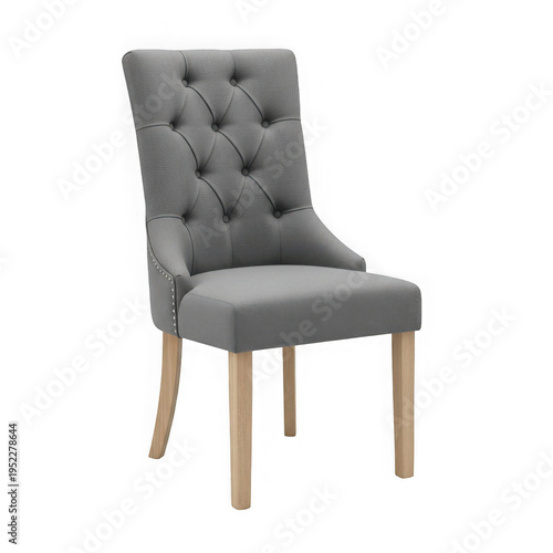 A gray upholstered chair with wooden legs png isolated on transparent background