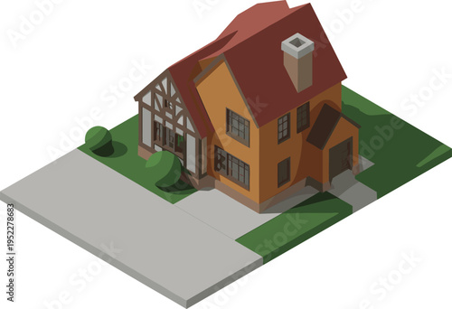 Isometric traditional house illustration, classic residential home with red roof timber facade suburban architecture property design, 3D render concept