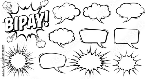 Comic speech and action bubbles vector illustration, dialogue and sound effect design for graphic novels, storytelling, creative projects, and cartoon art