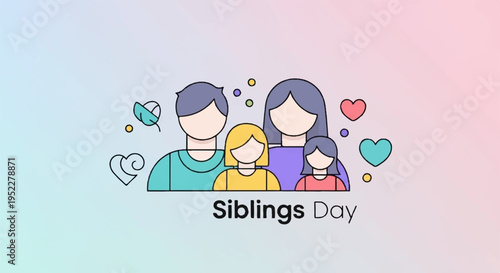Family celebrating siblings day with colorful hearts and joyful atmosphere