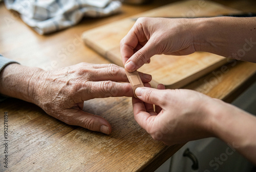 Woman putting a plaster on elderly person's finger