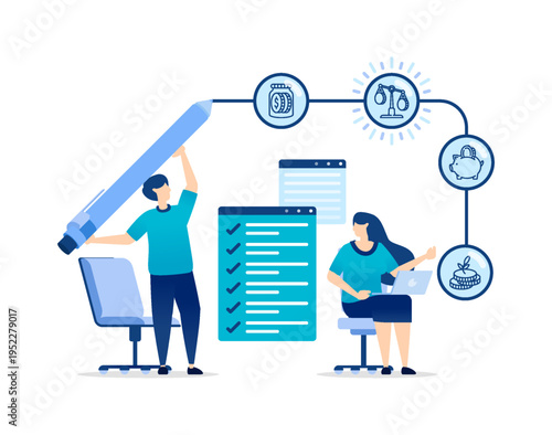 Corporate meeting infographic style illustration with planning analysis checklist survey voting exam workflow and team collaboration scene