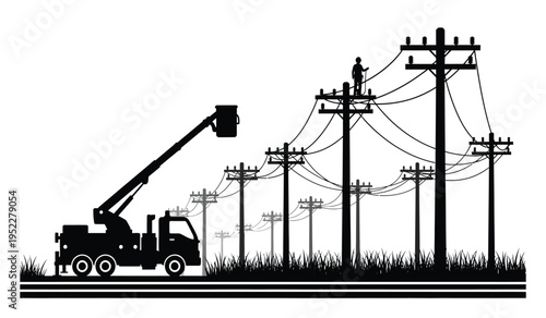 Black silhouette of a utility truck with an aerial lift working on electrical power line poles