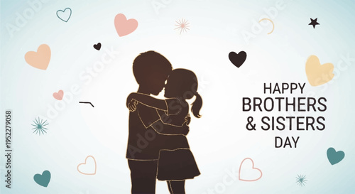 Silhouette of brother and sister embracing happy brothers sisters day hearts and stars sibling love family bonding celebration