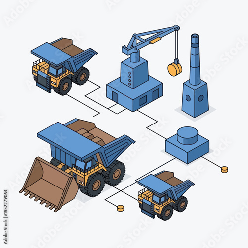 Isometric illustration of heavy mining machinery and industrial equipment connected by lines, depicting a workflow.