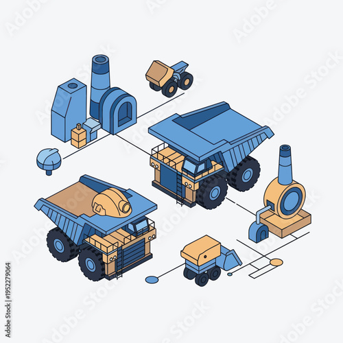 Isometric illustration of a mining operation with heavy machinery, factories, and transport systems.