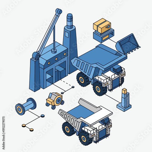 Isometric illustration of mining equipment including trucks, a conveyor belt system, and a robotic vehicle, depicting industrial operations and logistics.
