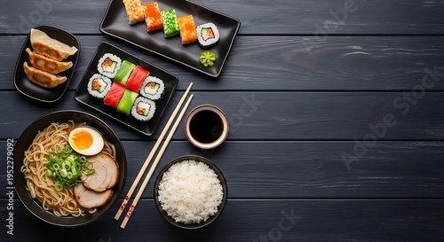 An overhead view of a delicious Japanese feast featuring ramen, various sushi rolls, gyoza dumplings, white rice, and soy sauce on a dark wooden table.