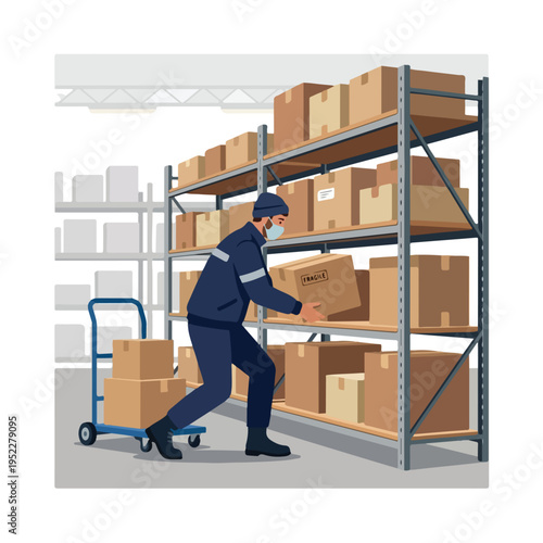 vector of a courier arranging packages on a warehouse shelf