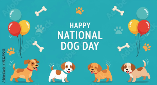 Happy national dog day celebration with cute dogs and balloons on blue background