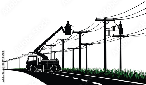 Silhouette of utility workers repairing electrical power lines along a road with a bucket truck