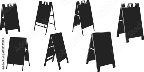 Sidewalk sign silhouette collection, sandwich board advertising vector illustration, business marketing decor design, black flat cad drawing artwork set