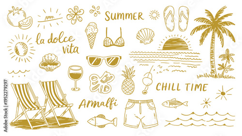 Hand drawn summer beach icons set with palm tree, sun, sunglasses, flip flops, bikini, seashells, deck chair, and lettering phrases, tropical vacation vector illustration for travel design