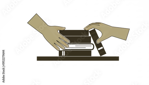 Hands placing a book on a shelf stack. Education and library concept. Flat design vector illustration isolated on white background