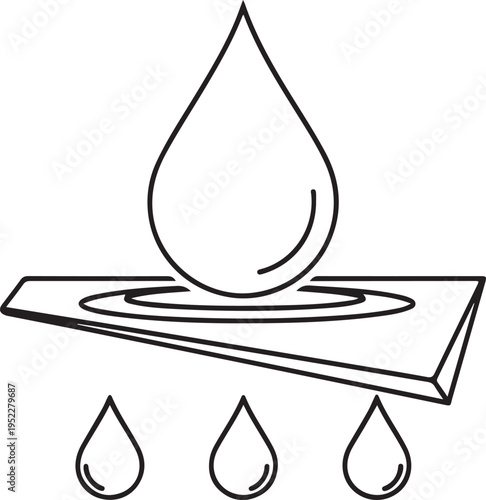 Water drop icon falling onto flat surface with ripples and several drops below representing liquid or hydration concept
