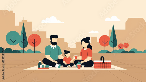 A family with a child having a picnic in a city park. Modern flat design vector illustration. Urban lifestyle and outdoor recreation concept