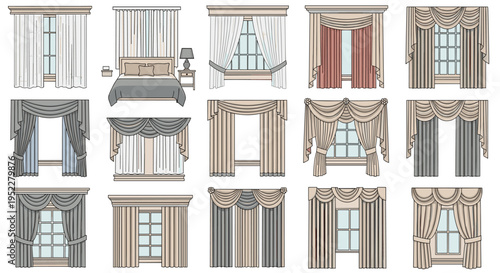 Collection of various elegant window curtain designs and drapes, Generative AI.