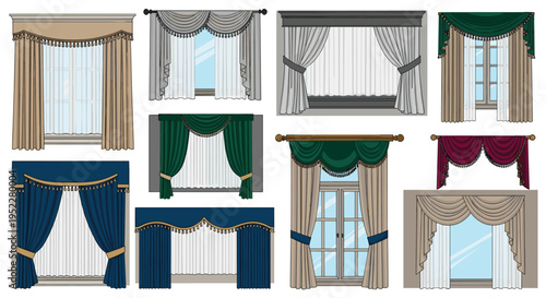 Collection of various curtain and drapery styles for windows in different colors and designs, Generative AI.