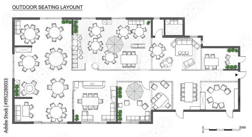 Outdoor seating layout plan for restaurant or cafe with tables and chairs arranged in various configurations, Generative AI.