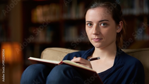 Student writer journaling in a cozy library corner with focused pen and notebook