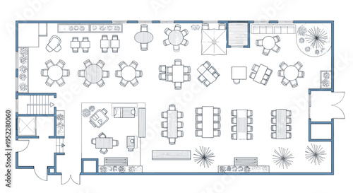 Floor plan of a large office space with multiple rooms and furniture, Generative AI.