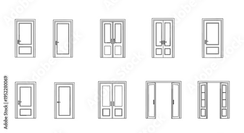 Collection of various door designs and styles in line art format, Generative AI.