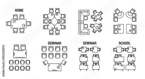 A set of various room layouts and seating arrangements for different settings like home seminar and school illustrated in a line drawing style, Generative AI.