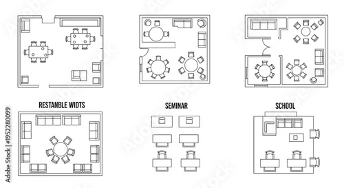 Various room layouts for restaurant seminar school and restroom with furniture and equipment in black and white, Generative AI.