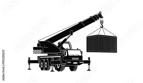 A heavy duty mobile construction crane lifting a rectangular freight container with steel cables