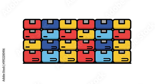 Neatly stacked wall of vibrant storage containers in an organized pattern, symbolizing efficiency and logistics
