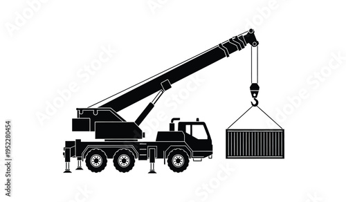 Black silhouette illustration of a heavy mobile crane lifting a large shipping container unit