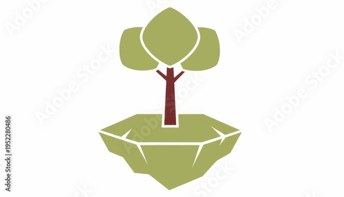 A geometric tree on a floating island vector illustration. Flat design logo for nature and fantasy concepts. Simple graphic element isolated on a white background