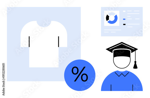 E-commerce concept. E-commerce symbols include a t-shirt graphic, analytics chart, and graduation cap. E-commerce blends education, retail, and visual data. For online shopping, analytics education