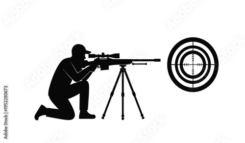 Black silhouette of a marksman kneeling with a scoped rifle pointed at a circular shooting target