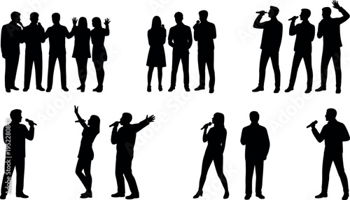 Set of singer silhouettes with microphones in dynamic poses, representing live music performance, concert entertainment, vocal artists, and stage show concepts
