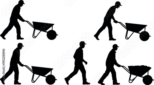 Silhouette set of workers pushing wheelbarrows in various poses, representing construction labor, gardening tasks, transport work, and manual outdoor activity concepts