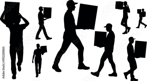Silhouette set of workers carrying boxes in various poses, representing moving services, warehouse logistics, delivery labor, and manual handling activities