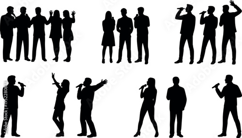 Silhouette collection of singers performing with microphones in various poses, representing music performance, concert entertainment, vocal artists, and stage presence concepts