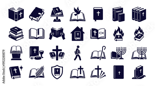 Christian religious faith icons set, church and spiritual symbols doodle, holy bible and cross vector art, religious education and worship icons, christian faith and community silhouettes, spiritual d