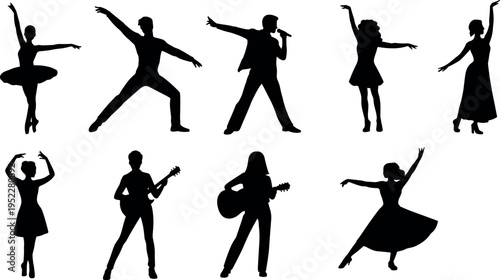 Silhouettes of dancers and musicians performing various artistic poses isolated on white background, ballet, guitar players, singer, dynamic movement collection