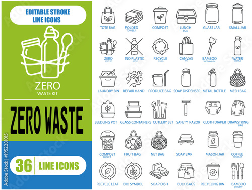 Zero waste lifestyle minimalist line icon set for sustainable living and eco friendly environment.